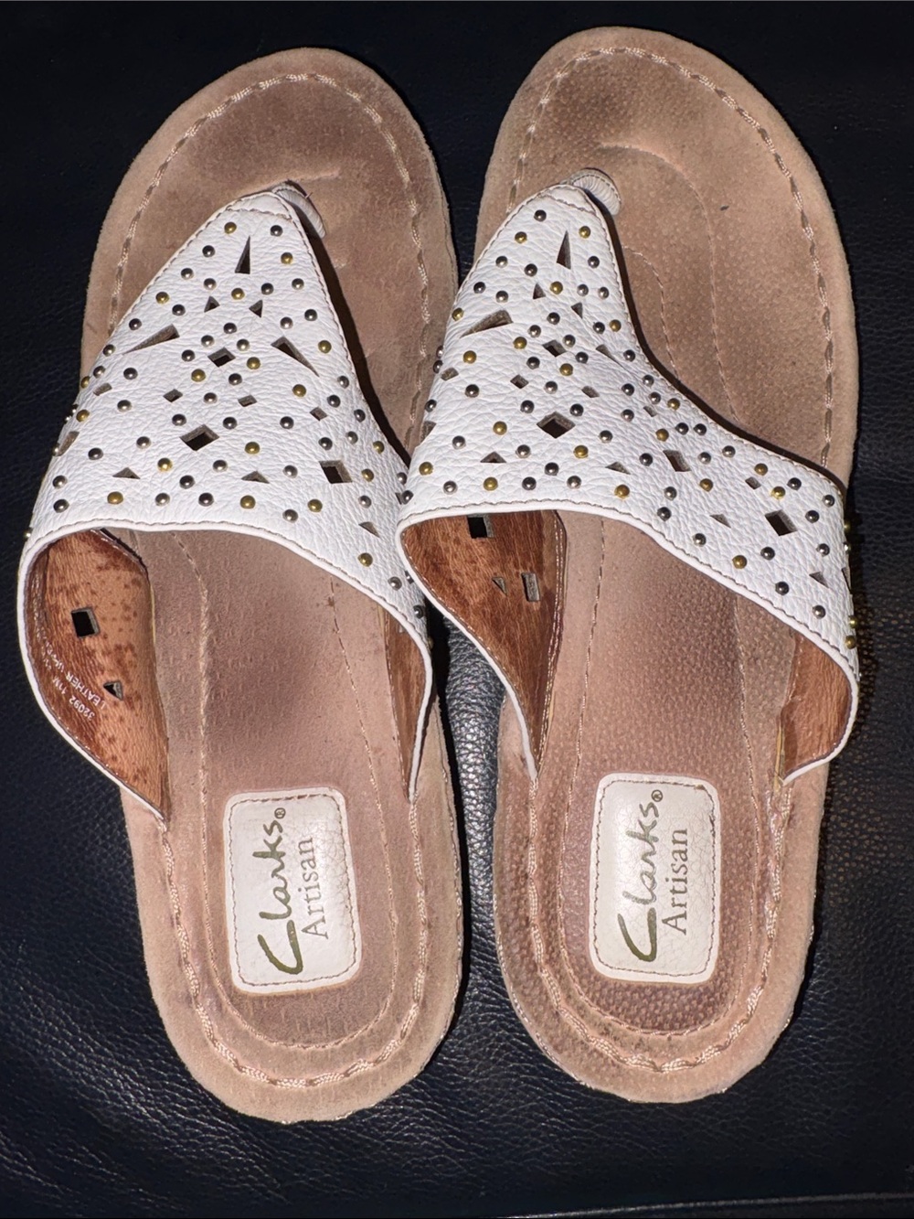 Clarks Artisan Laser Cut White Leather Studded Thong Sandals
